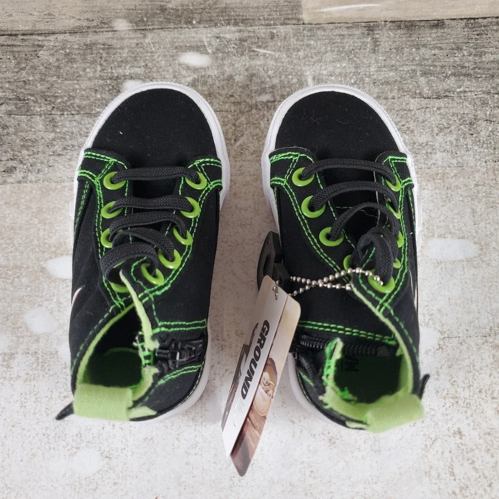 Ground Up Shop Grogu Toddler Shoe Sz 7 Black Canvas Bright Green Lace-Up Sneaker